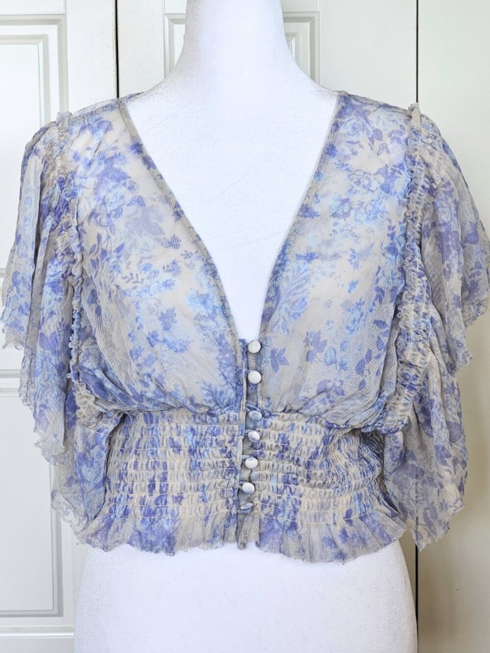 Free People Sugar Top Large Porcelain Blue Floral Sheer Smocked Crop Blouse